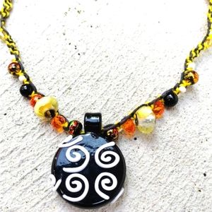Handcrafted Swirl Glass Pendant Macrame Hemp Beaded Necklace